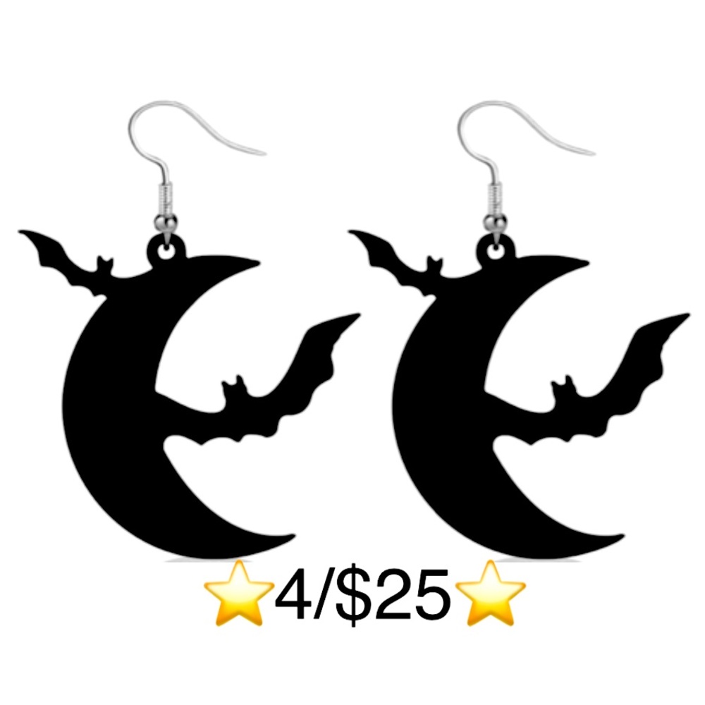 Black Bat & Crescent Moon Dangling Alloy & Stainless Steel Halloween Earrings